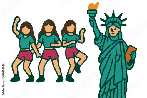 Vector illustration of K-POP girl group dancers with Statue of Liberty, symbolizing Korean pop culture, Hallyu wave, and its growing global popularity in the USA.