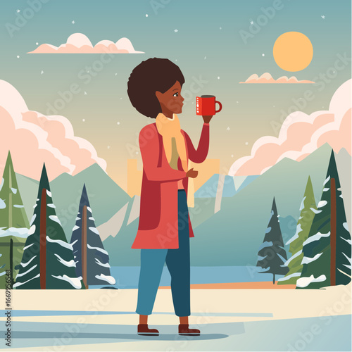 Woman drinking from the winter mug outdoors