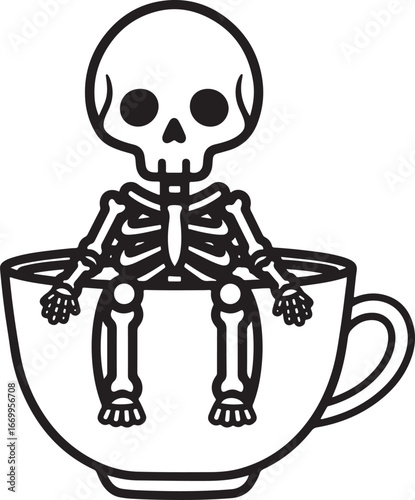 Whimsical Skeleton in a Cup: A monochrome depiction of a charming skeleton nestled in a large coffee cup, evoking a playful, lighthearted feeling.