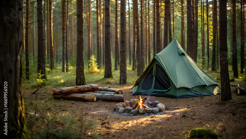 Serene Evening Campsite: Green Tent, Campfire, and Pine Forest at Golden Hour