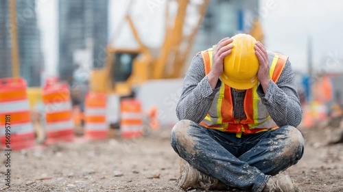 Tired construction worker: A construction worker, overwhelmed by the demands of the job, sits amidst a chaotic construction site, head in hands, embodying the physical and mental strain.