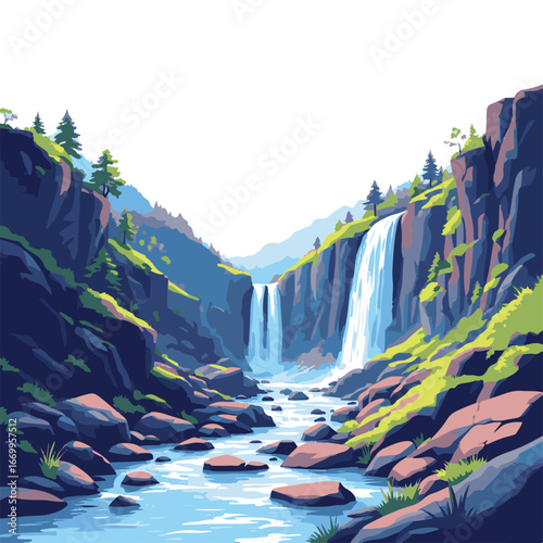 Waterfall between forested mountain hills