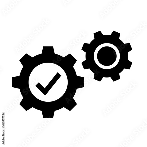 A black and white icon of two gears with a checkmark, representing a completed task or successful operation.