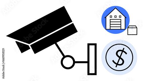 Black surveillance camera with garage, dollar sign, and small box symbolizing security, monitoring, property surveillance, financial safety, insurance, investment protection, efficient management