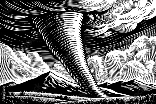 Tornado emerging near mountain range, dust and debris carried by violent rotating wind in black and white sketch.
