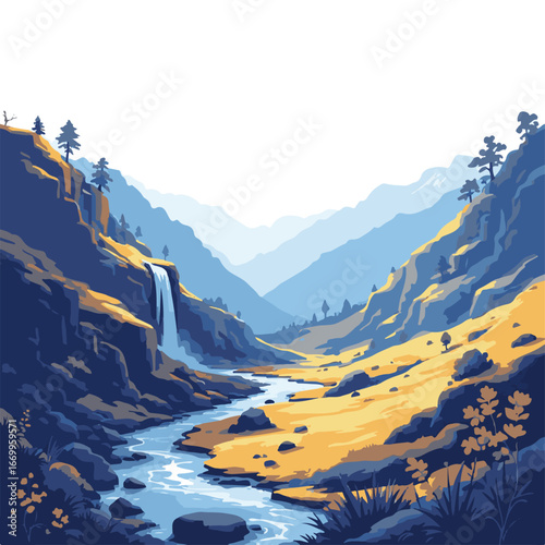 Mountain valley with flowing river landscape