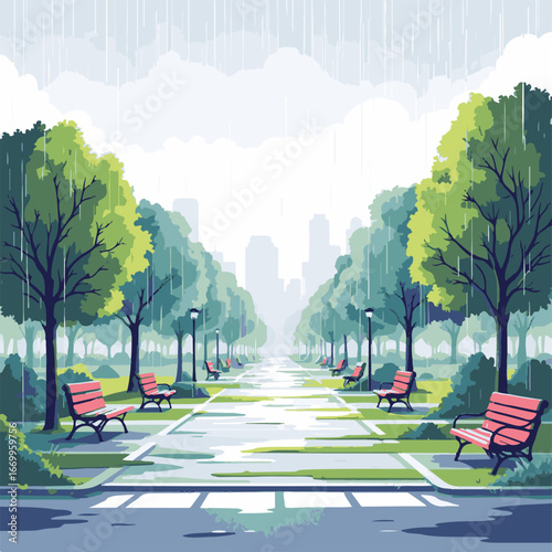 City park with trees and walking benches