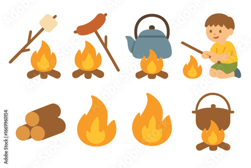Campfire Cooking Icons. Flat vector mini-illustrations campfire cooking in colors children's illustrations: marshmallow roasting,