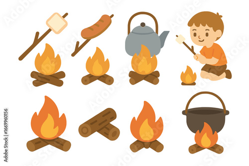 Campfire Cooking Icons. Flat vector mini-illustrations campfire cooking in colors children's illustrations: marshmallow roasting,