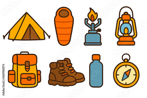 Camping Gear Icons. Flat vector mini-illustrations portable camping gear in colors children's illustrations: tent, sleeping bag,
