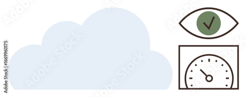 Minimalist cloud illustration beside an eye with a checkmark and a speed gauge concepts of cloud technology, data visualization, performance tracking. Ideal for analytics, reliability, connectivity