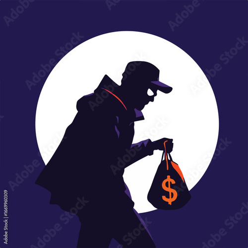 Thief silhouette stealing money at night