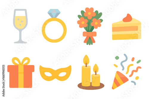 Celebration Icons Grid. Flat vector mini-illustrations refined celebrations in colors children's illustrations: champagne glass,