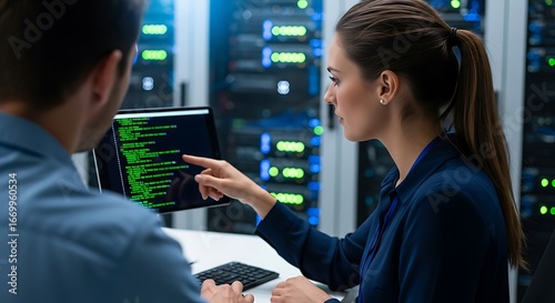 Two people working on computer in server room