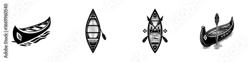 Stylized canoes and paddles with tribal patterns and feather accents, minimalist monochrome icons