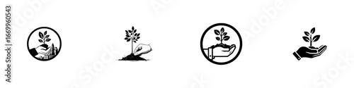 Hands nurturing plant growth, symbolizing care for nature and environmental protection, minimalist monochrome icons