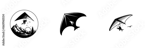Hang gliding over mountains and trees with birds in the sky, minimalist monochrome icons