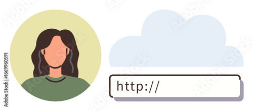 Female avatar next to search bar and cloud element, representing internet search, user profiles, and web activity. Ideal for online identity, networking, web design, cloud services, data technology