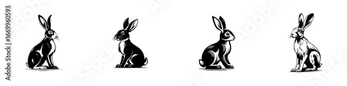 Four stylized rabbits in profile, sitting and looking forward, detailed fur texture, minimalist monochrome icons