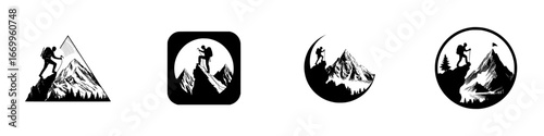 Hiker silhouette reaching mountain summit with flag, minimalist monochrome icons