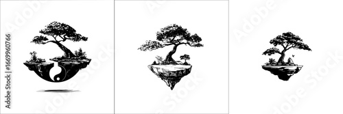 Stylized bonsai trees on floating islands with yin yang symbol and bird, minimalist monochrome icons