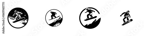 Snowboarder performs aerial trick against mountain landscape and starry night sky, minimalist monochrome icons