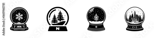 Stylized winter snow globes with festive scenes and snowflakes, minimalist monochrome icons