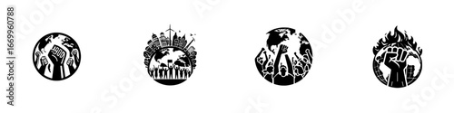 Diverse raised fists and cityscapes symbolizing unity and activism, minimalist monochrome icons