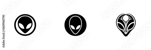 Alien head icons, extraterrestrial symbols, science fiction creature faces, minimalist monochrome icons
