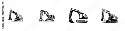 Excavator Machine Icons Black and White, minimalist monochrome icons