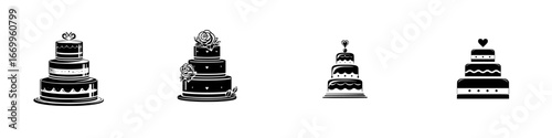 Tiered Cakes with Decorative Elements and Toppers, minimalist monochrome icons