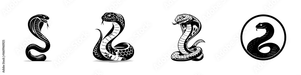 Fototapeta premium Stylized Cobra Snake Icons and Emblem, minimalist monochrome icons