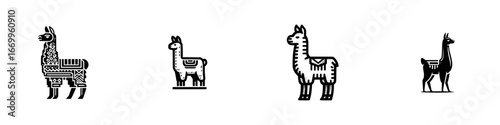 Stylized Llamas with Geometric Patterns and Indigenous Motifs, minimalist monochrome icons