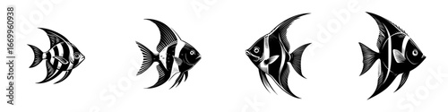Angelfish Silhouettes with Vertical Stripes and Fins, minimalist monochrome icons