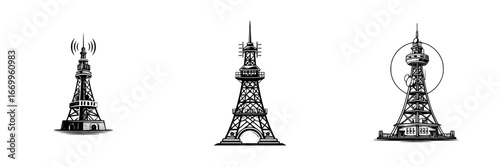 Communication towers with antennas and signal waves, minimalist monochrome icons