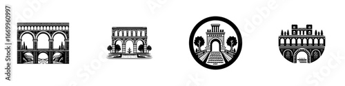Ancient Roman aqueduct and bridge architectural designs with arches, minimalist monochrome icons