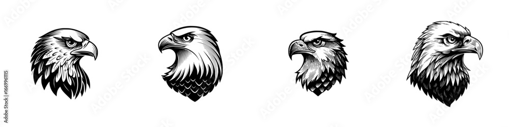 Fototapeta premium Eagle Heads in Profile, Detailed Hatching Style, minimalist monochrome icons