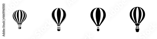 Four black and white hot air balloons with striped envelopes and baskets, minimalist monochrome icons