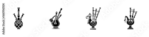Bagpipes musical instrument silhouette set, minimalist monochrome icons
