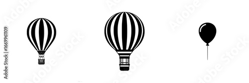 Hot air balloon silhouettes for travel and adventure, minimalist monochrome icons