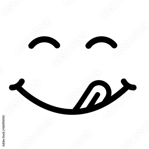 A simple black and white cartoon emoji face with a tongue licking its lips.