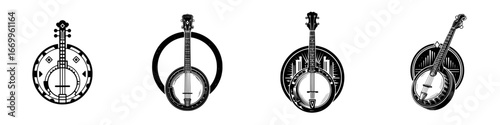 Stylized banjo silhouettes with circular decorative elements, minimalist monochrome icons
