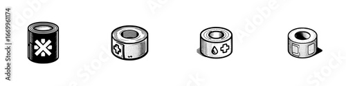 Medical supplies and first aid kit items arranged in a row, minimalist monochrome icons