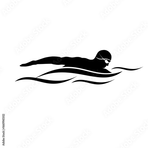 Silhouette of a swimmer in goggles swimming freestyle in water.