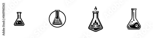Chemical Flasks with Scientific Symbols and Flames, minimalist monochrome icons