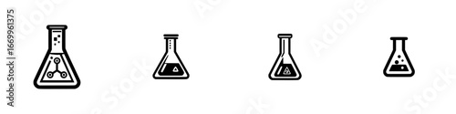 Laboratory flasks with chemical symbols and bubbles, minimalist monochrome icons