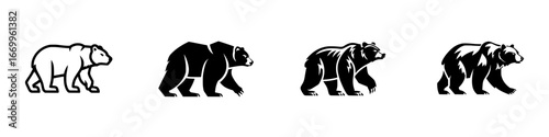 Grizzly Bear Walking Silhouette Set, minimalist monochrome icons