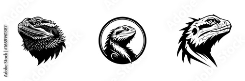 Bearded Dragon Head Silhouette with Spiky Mane and Detailed Eyes, minimalist monochrome icons