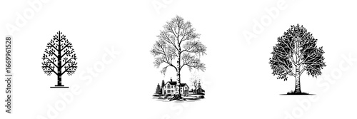Stylized Birch Trees and Rural House, minimalist monochrome icons