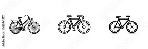 Three distinct bicycle designs in black and white, showcasing different styles for transportation and recreation, minimalist monochrome icons